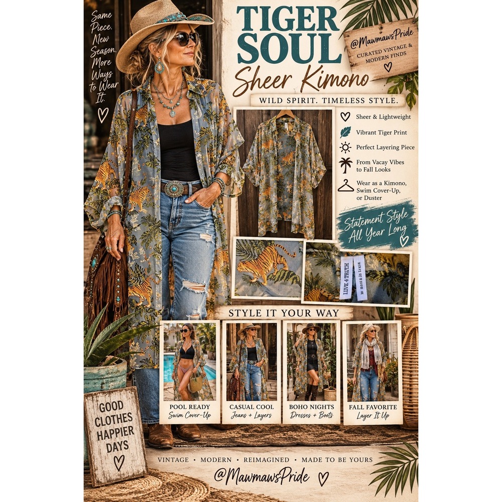 Live 4 Truth Tiger Sheer Kimono Duster Swim Cover Up Roll Tab Sleeve Sage Small